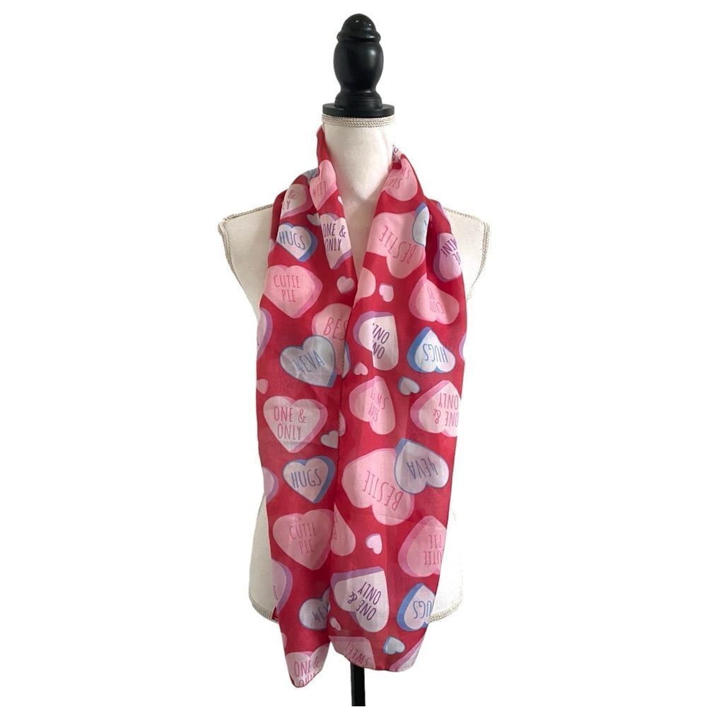 Conversation Hearts Print Valentine’s Day Fashion Scarf Red Multicolor OSFM